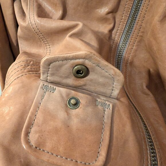 Fossil Womens Leather Bomber Jacket Brown Size Small Front Pockets Ribbed Trim - Picture 8 of 13